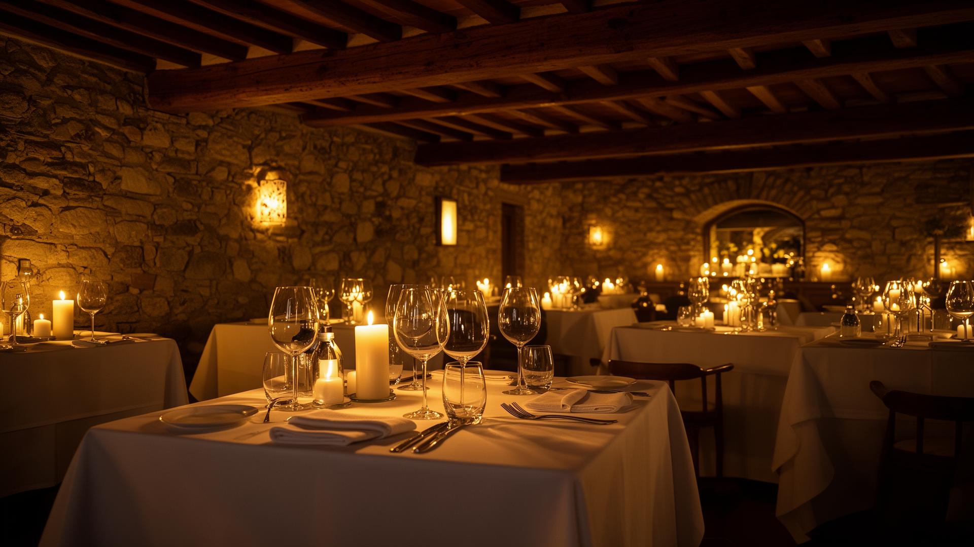 Sala dell'Osteria del Borgo a Lugano illuminata da candele